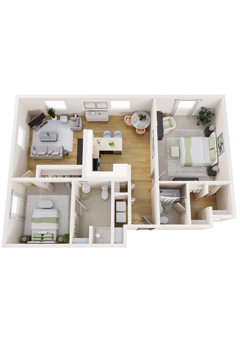 Floor plan for 2 beds, 2 baths, 1038 sqft